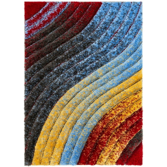 Well Woven Maura Multi Geometric Stripes Thick Soft Plush 3D Textured Shag Area Rug 5x7 (5'3" x 7'3")