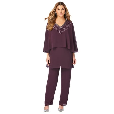 Roaman's Women's Plus Size Embellished Capelet Pant Set