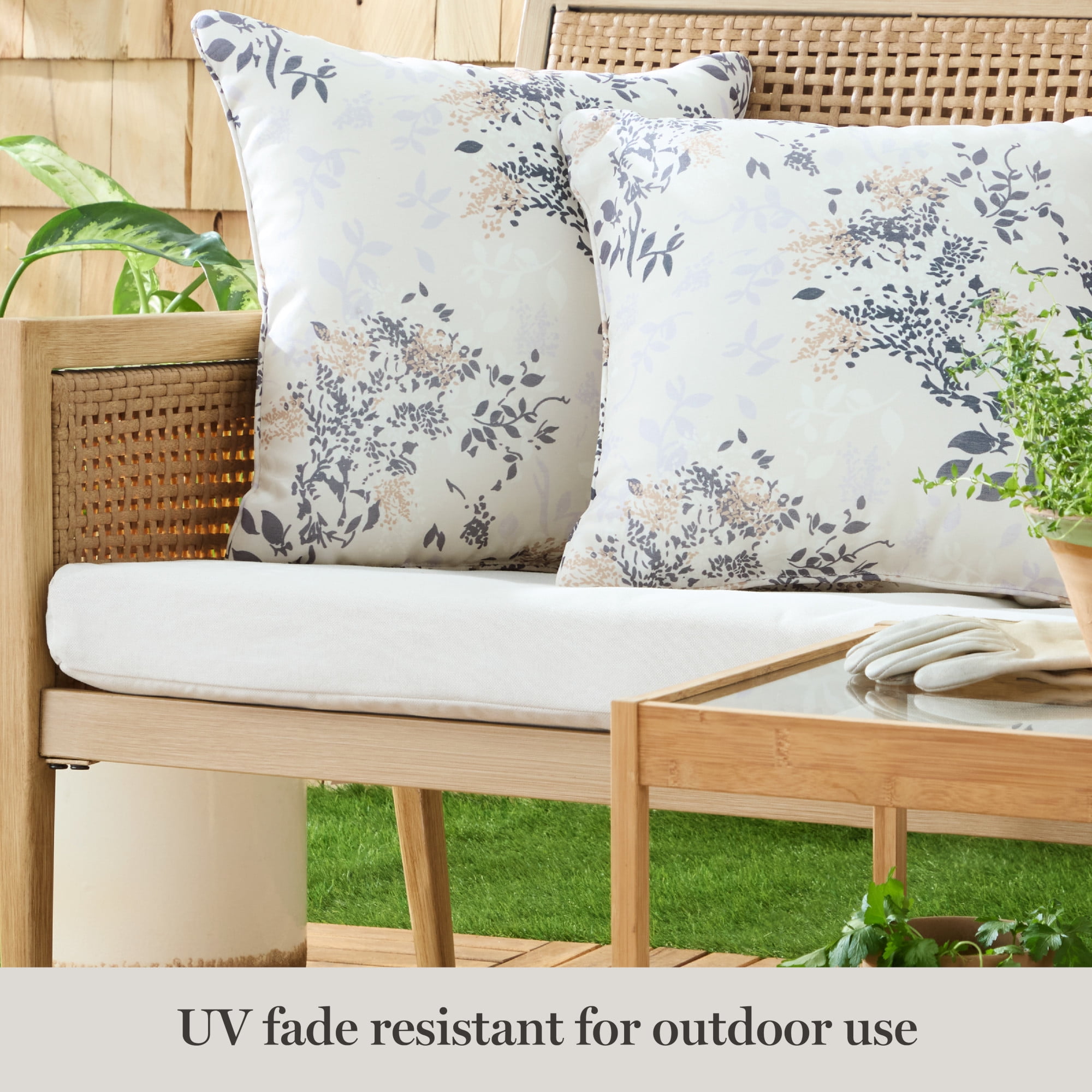 MARTHA STEWART Charming Foliage Indoor Outdoor Decorative Pillow 2-Pack Set, UV Fade Resistant, Water Repellent, Printed Floral Design, Warm Grey, 18"x18"