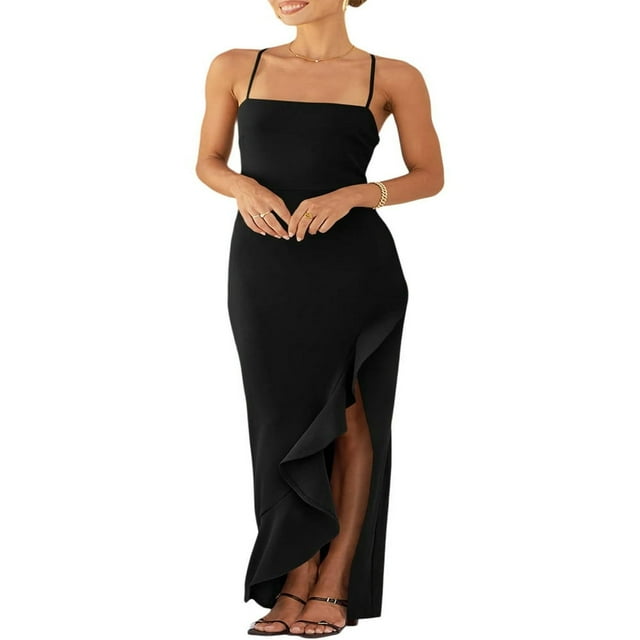 Femmes Été Longue Skinny Robe Fronde Couleur Unie Irrégulière Fendue Robe d'Ourlet