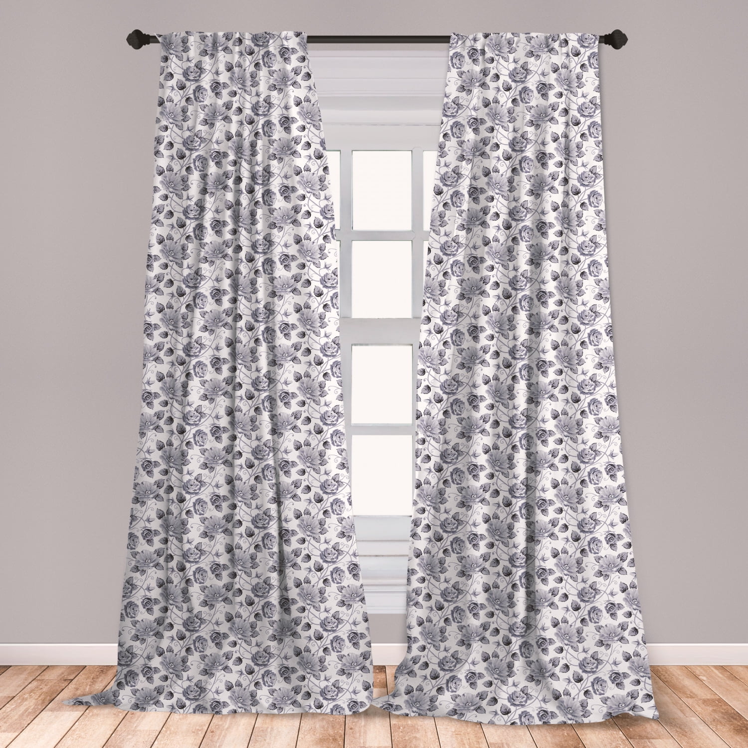 Grey Curtains 2 Panels Set, Floral Patterns Victorian Inspired Roses