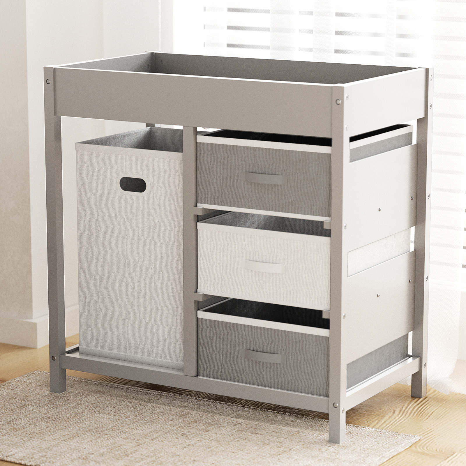 KORIMEFA Baby Changing Table with 3 Storage Drawers & Hamper , Portable Diaper Station, Space-Saving Nursery Organizer , Easy Assembly (Gray)