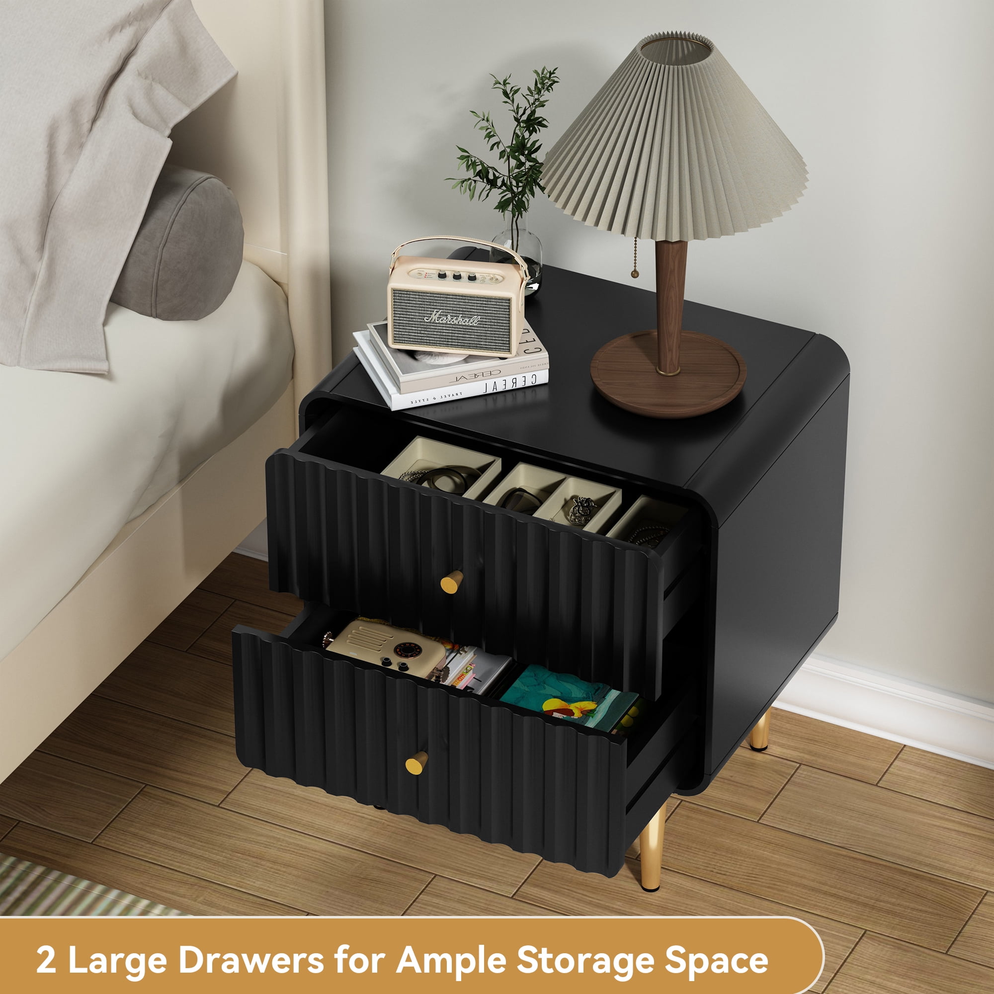 HLR Modern Fluted Wood Nightstand Set of 2 with 2 Drawers, Bedroom Black Bed SideTable with Storage