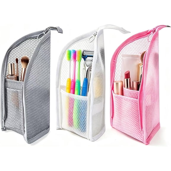 3-Pack Standing Toiletry Bag, Foldable Clear Hanging Travel Cosmetic Bag, Waterproof EVA Mesh Makeup Organizer with Large Capacity for Men & Women
