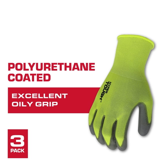 Hyper Tough Hi-Visibility Work Gloves, Green, XL, 3 Pairs