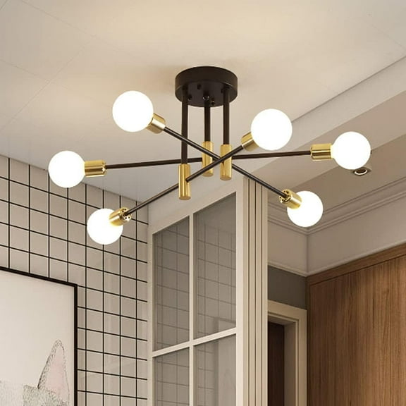 Neoglint 6-Lights Modern Mid Century Sputnik Chandelier, Semi Flush Mount Ceiling Light Fixture for Living Room Dining Room Kitchen Chandelier (Black Gold)