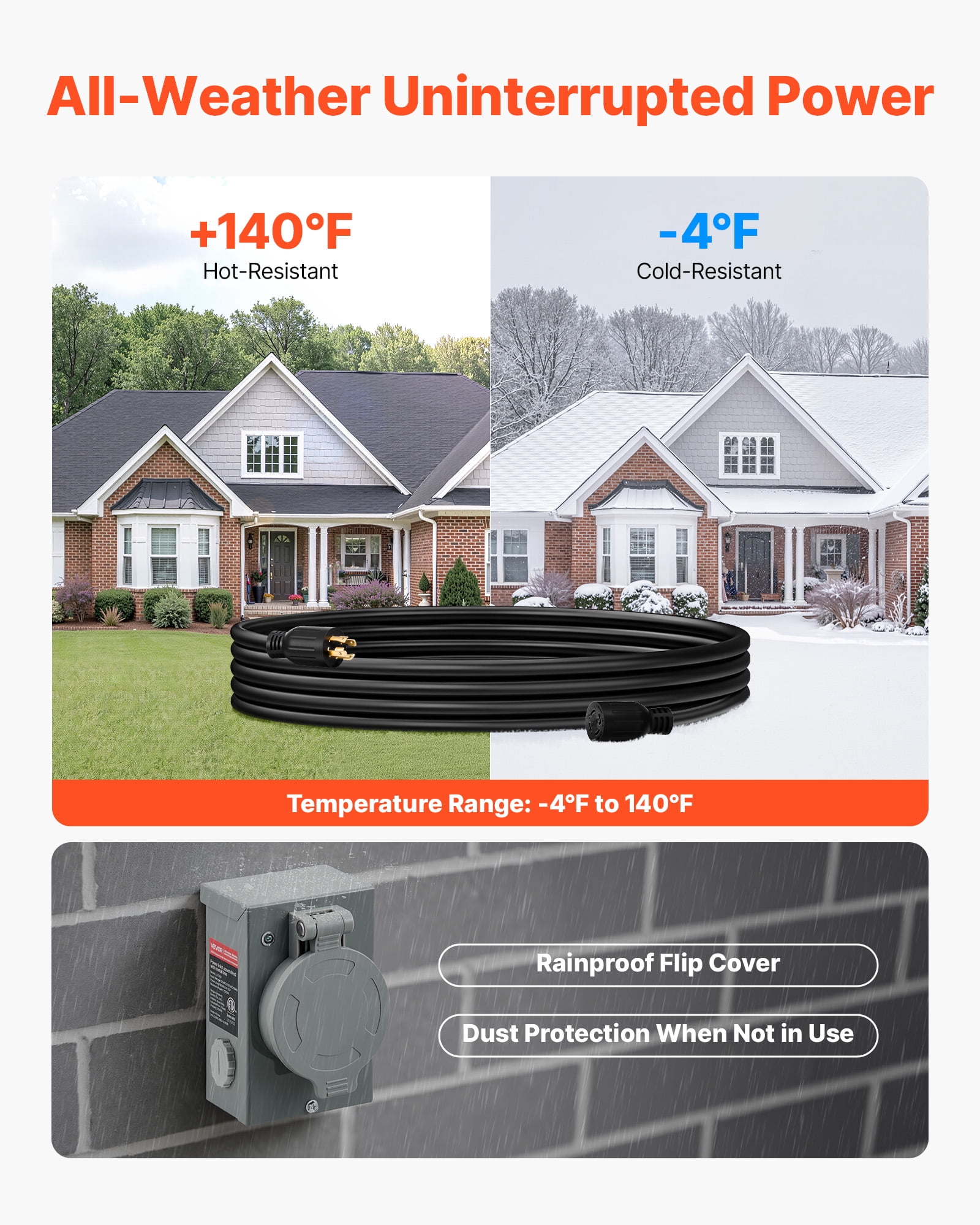VEVOR 30 Amp Generator Cord and Power Inlet Box, 10 FT,125/250V NEMA L14-30P to L14-30R Heavy Duty Extension Power Cord, SJTW 10 Gauge 7500W, Pre-Drilled Inlet Box, for Generator to House, ETL Listed