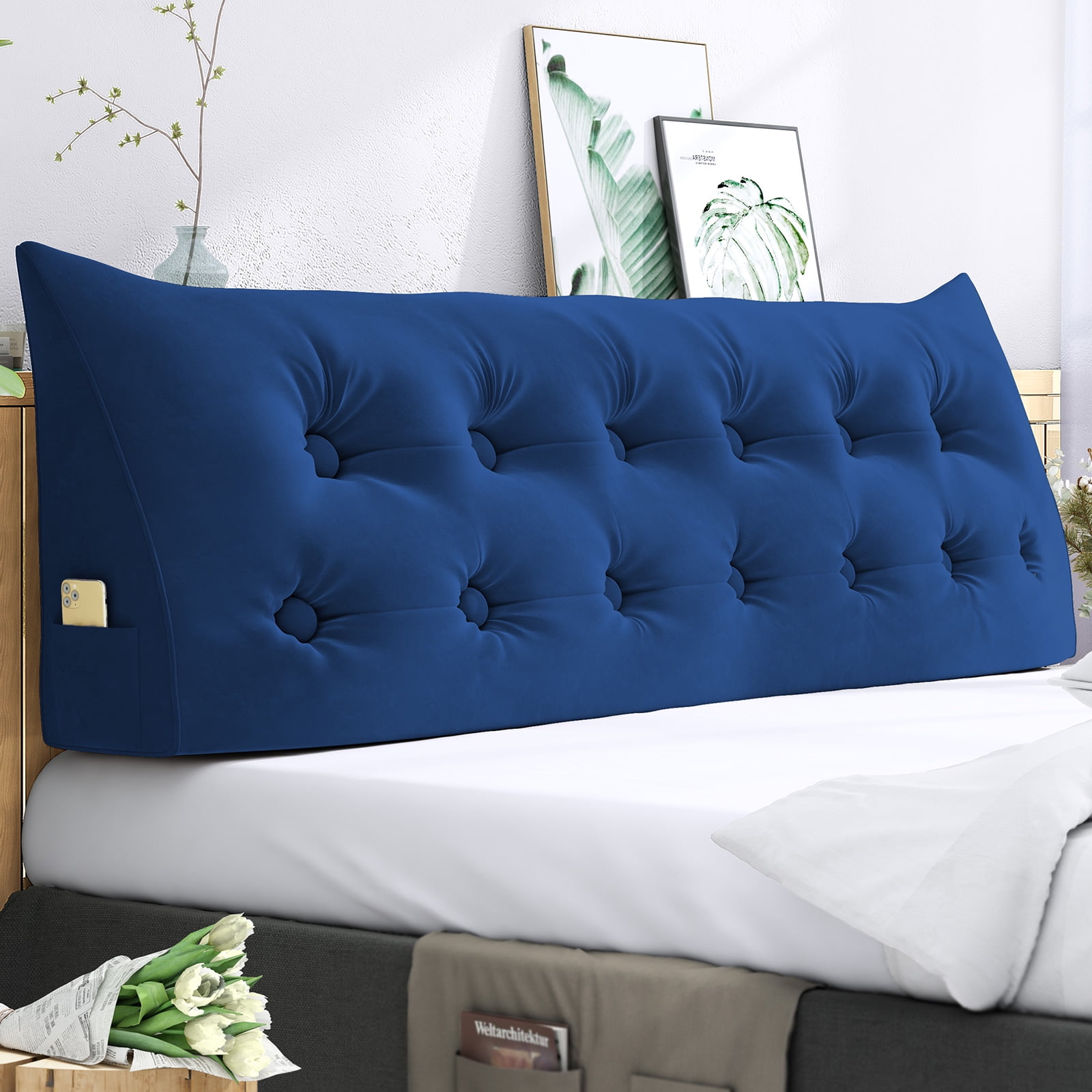 BALUS Large Triangular Headboard with Side Pockets, Velvet Bolster