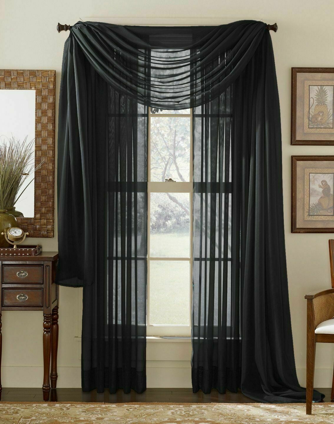 3 Piece Sheer Window Curtain Set 2 Sheer Curtain + Scarf Over 20