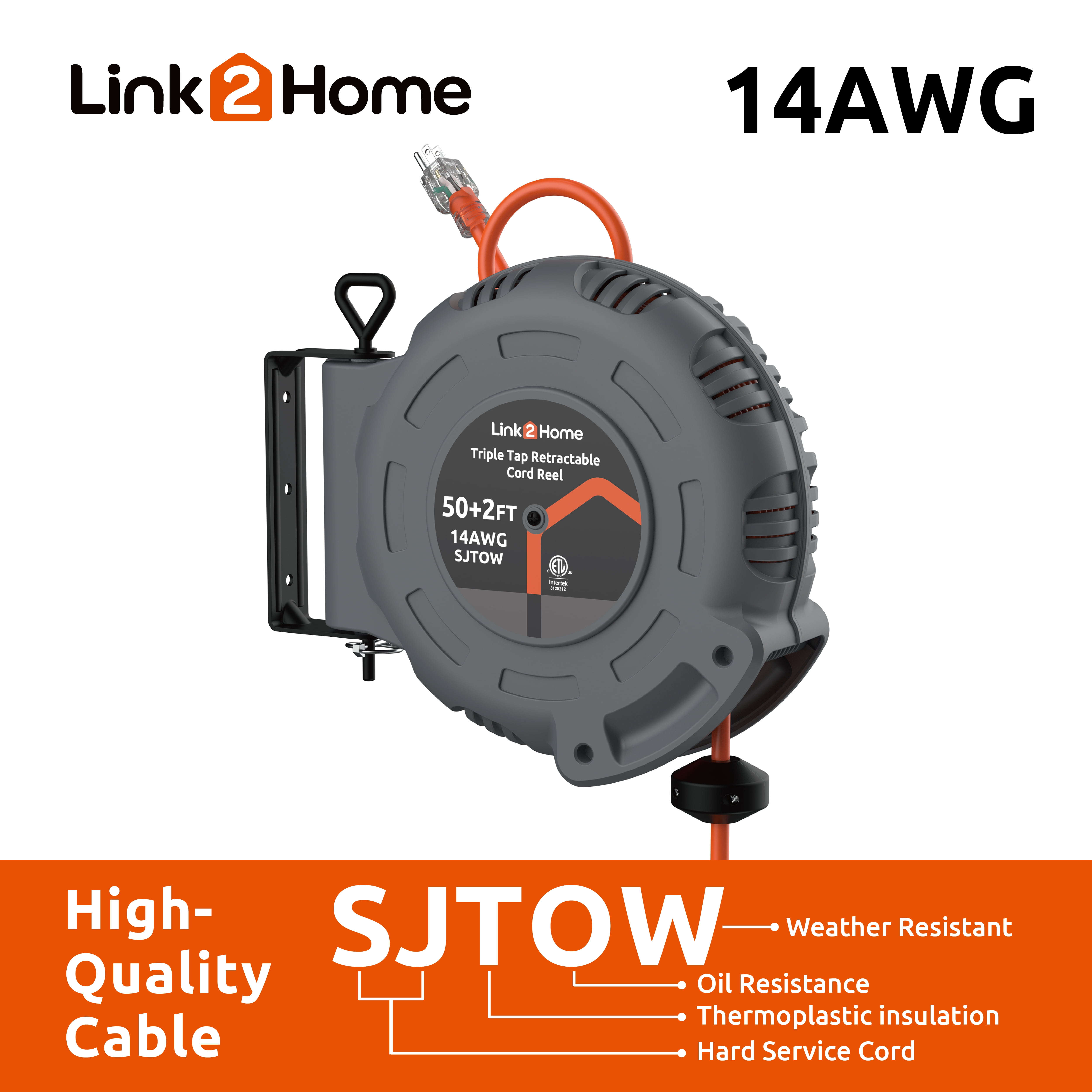 Link2Home 50 Ft Cord Reel 3 Outlet Lighted Tap 14AWG Heavy-Duty Cable