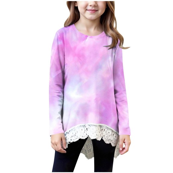 SERTG Girls Fashion Casual Long Sleeve Shirt with Lace Kids Round Neck Spring Fall Everyday Sports Top Blouse for Children(Pink,6-7 Years)