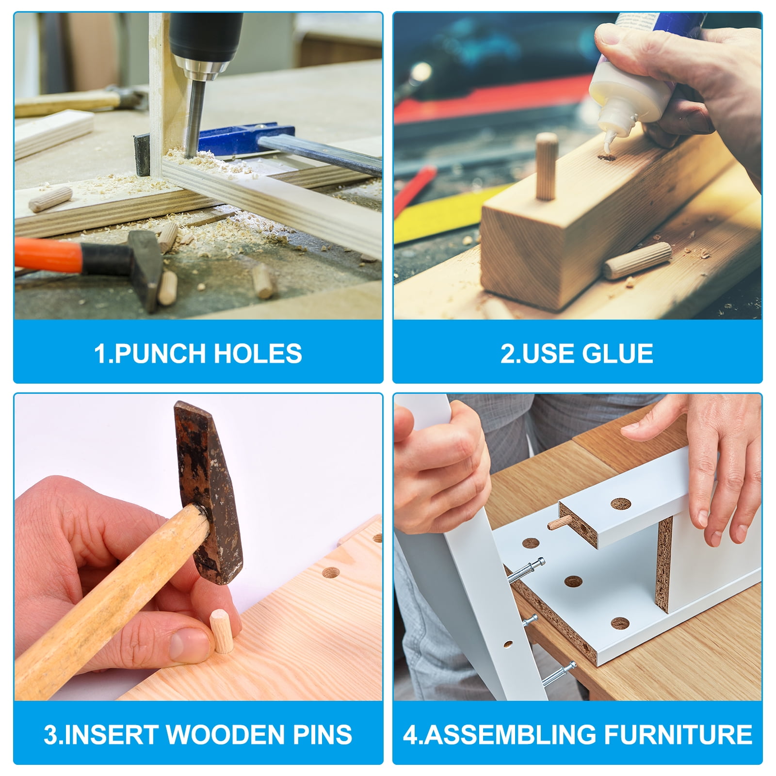 Uxcell 1/2 Wooden Dowel Pins, 200 Pcs M12x50mm Wood Dowel Pins Hardwood Pegs Fluted Groove Easy Insertion for Craft Furniture