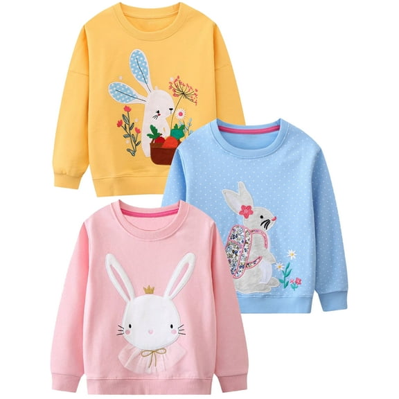 WIBACKER 2-7T Kids Girls Sweatshirts Easter Rabbit Crewneck Long Sleeve Pullover Cotton Graphic Top Sweater Shirts