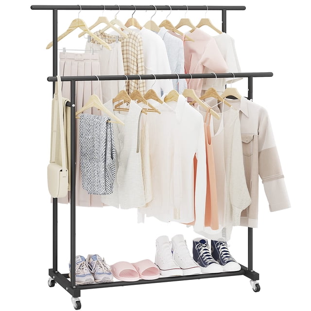 Calmootey Perchero de Doble Varilla para Ropa, Perchero para Colgar con Ruedas, Organizador de Ropa portátil para Dormitorio, Sala de Estar, Tienda de Ropa, Negro