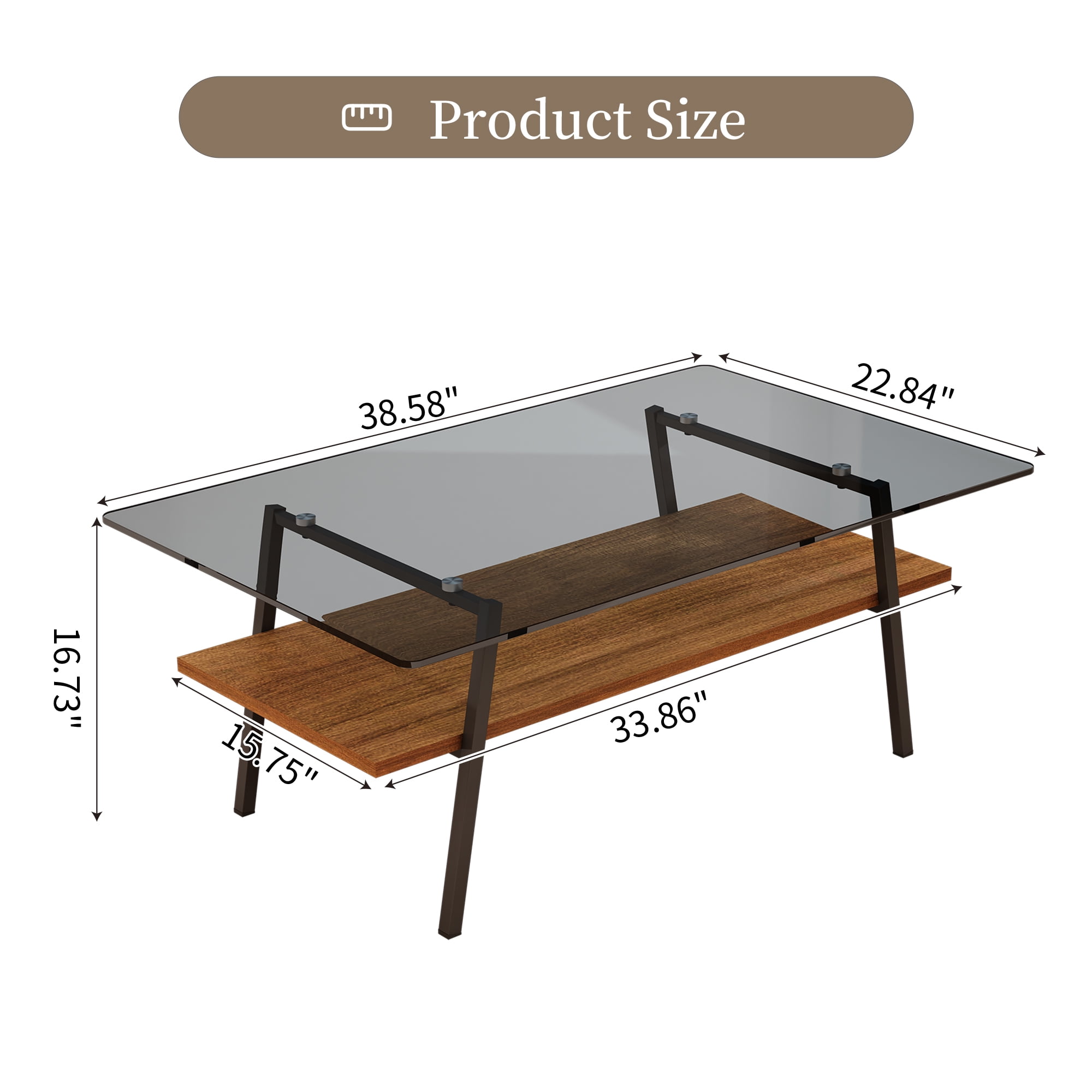 Holaki Glass Coffee Table, Rectangle Tempered Glass Table, 2-Tier Center Table  with Clear Tempered Glass Top Metal Leg, Mordern Home Office Furniture