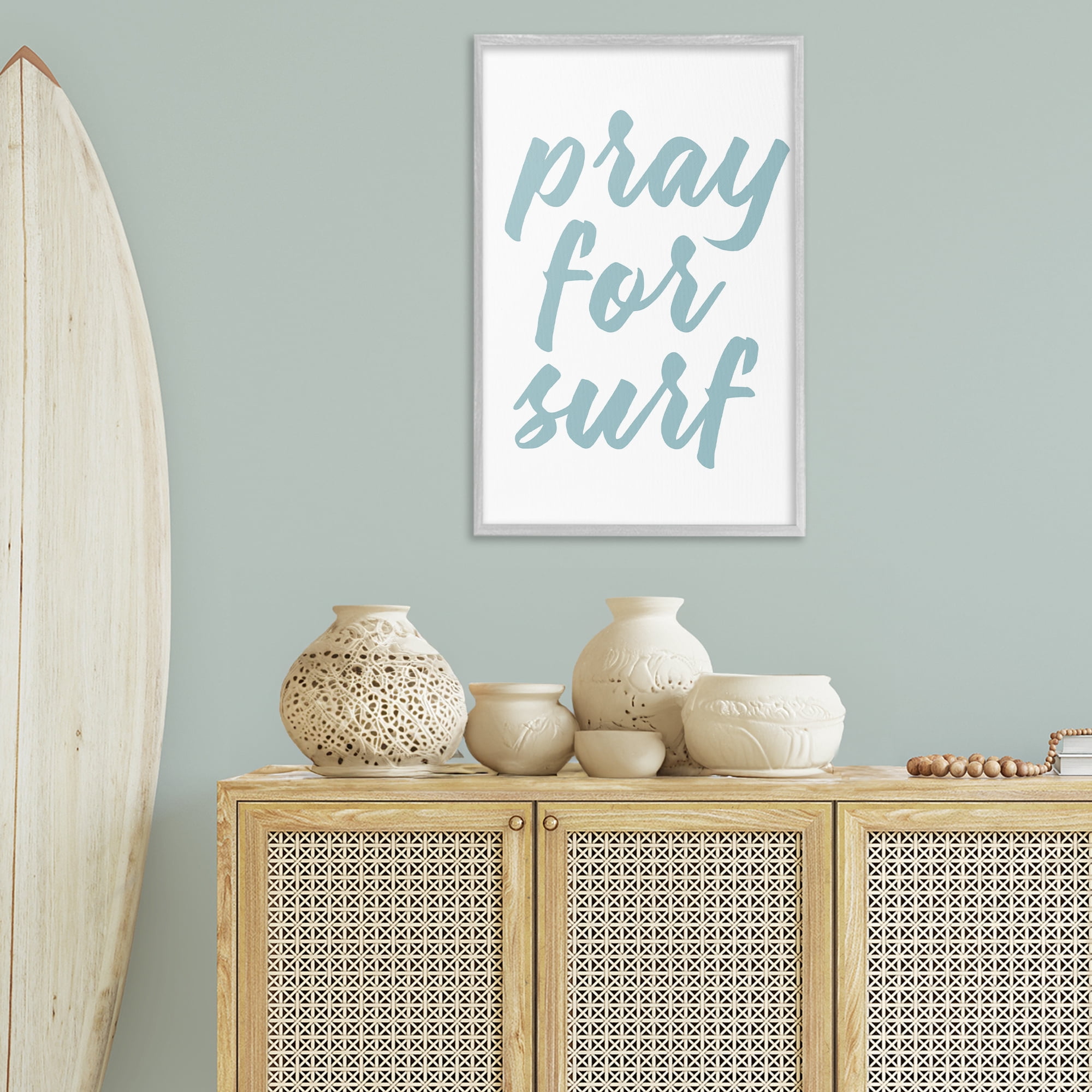 Stupell Industries Pray For Surf Typography Painting Gray Framed Art Print Wall Art, 20 x 30
