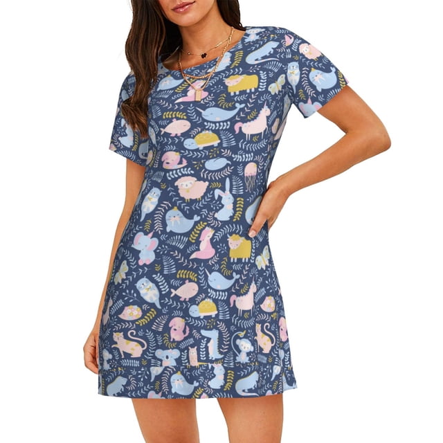 Balery Cute Baby Animals Camisón de manga corta con cuello redondo para mujer, cómodo y elegante.