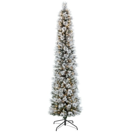 Puleo International 7.5 ft Pre-Lit Flocked Pencil Portland Pine Artificial Christmas Tree with 350 UL-Listed Clear