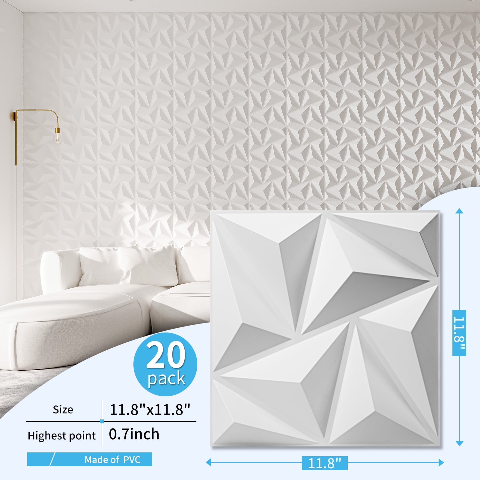 20PCS 11.8'' x 11.8'' PVC 3D Wall Panel Diamond for Interior Wall Décor in White, Wall Decor PVC Panel, 3D Textured Wall Panels