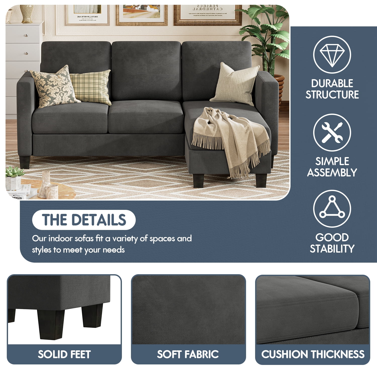 Homall 70" Length Sectional L-Shaped Sofa 3-Seat Couch with Reversible Chaise for Small Living Room, Apartment and Small Space,Deep Gray