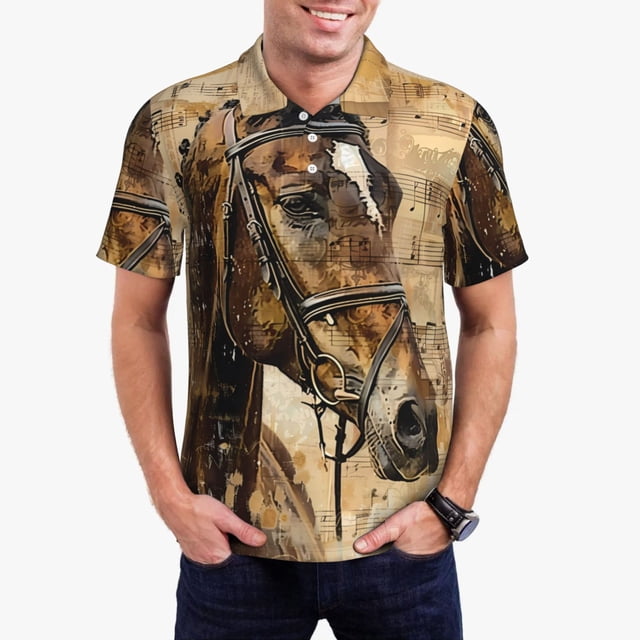 Fotbe Musical Horse Vintage Collage Pattern Men’s Golf Polo Shirt – Breathable Performance Golf Shirt with Button-Down Collar-4X-Large