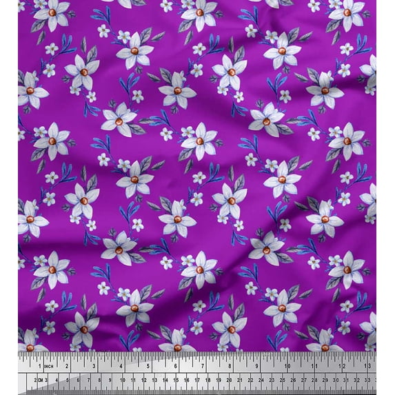 Soimoi Purple Silk Fabric Leaves & Periwinkle Floral Printed Fabric 1 Yard 42 Inch Wide