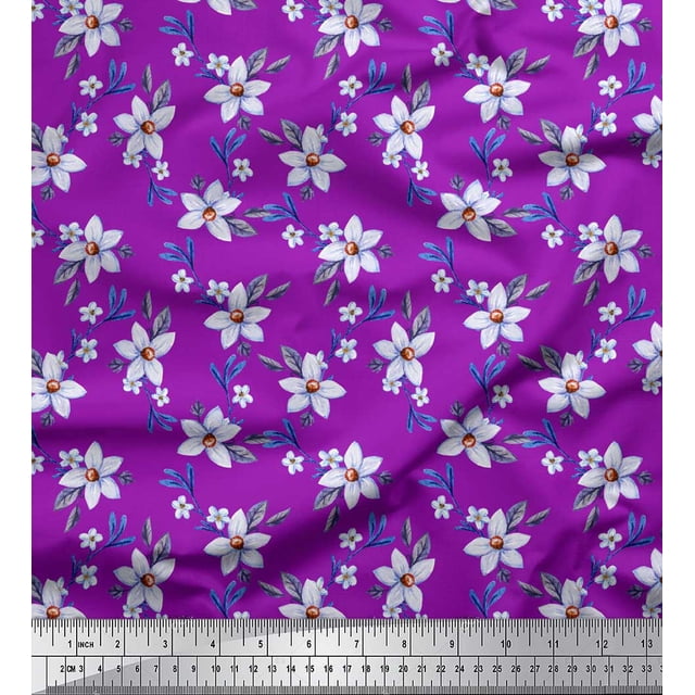 Soimoi Purple polyester Crepe Fabric Leaves & Periwinkle Floral Decor Fabric Printed Yard 42 Inch Wide