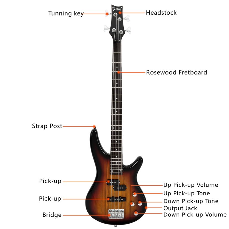 Full Size 4-String Electric Bass Guitar – Sunset Color, Basswood Body, Rosewood Fingerboard