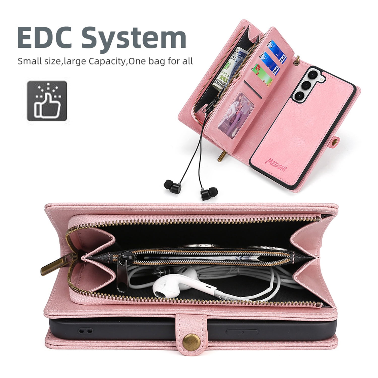for Samsung Galaxy S25 Plus Case for Women Men, Removable Durable PU Leather Magnetic Flip Strap Wristlet Zipper Purse Card Holder Detachable Wallet Phone Cases for Samsung Galaxy S25 Plus, Pink