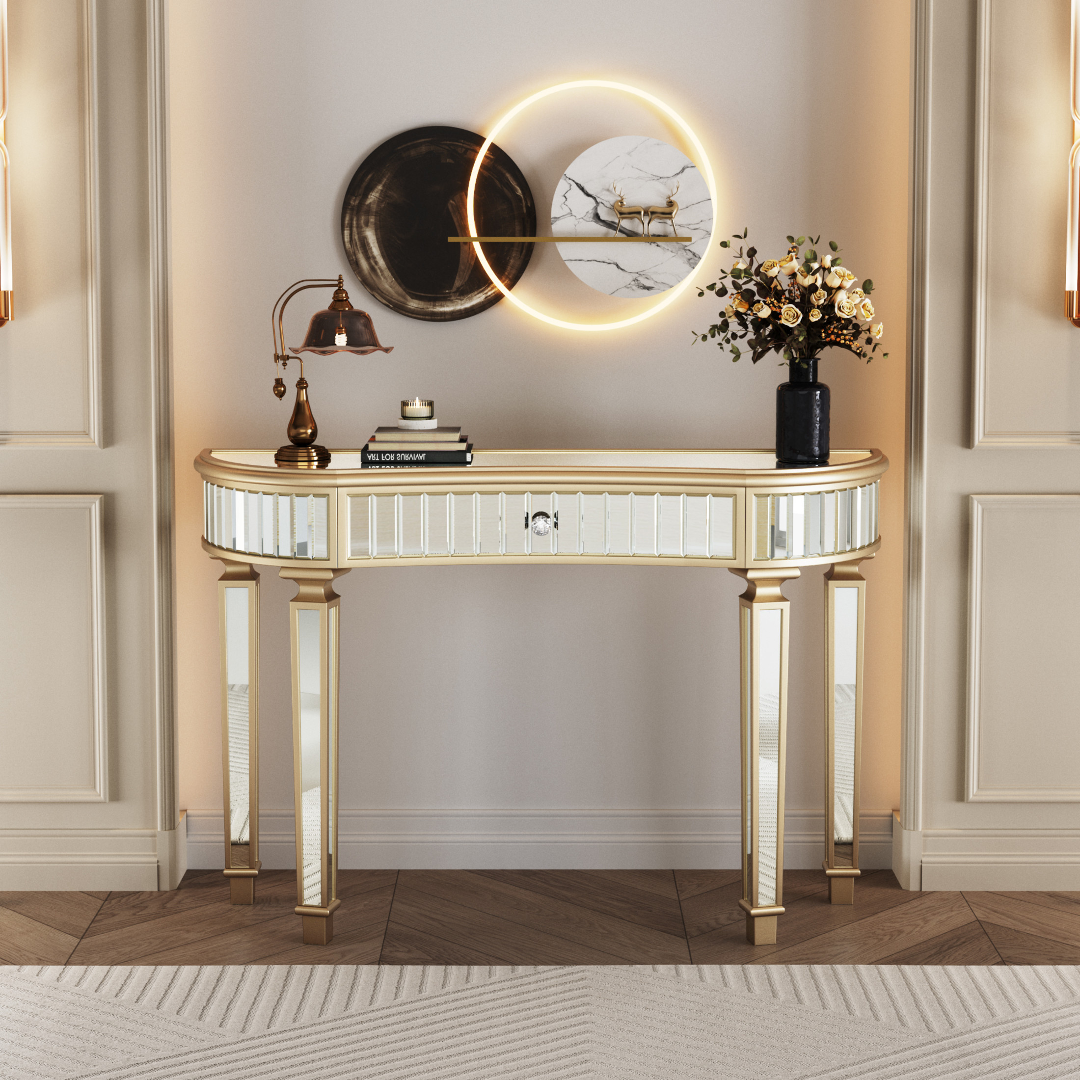 Noble House Half-Moon Mirrored Console Table with Fluted Glass & Crystal Knob Drawer - Silver Entryway Vanity Desk for Bedroom/Dressing Room,Golden+Silver