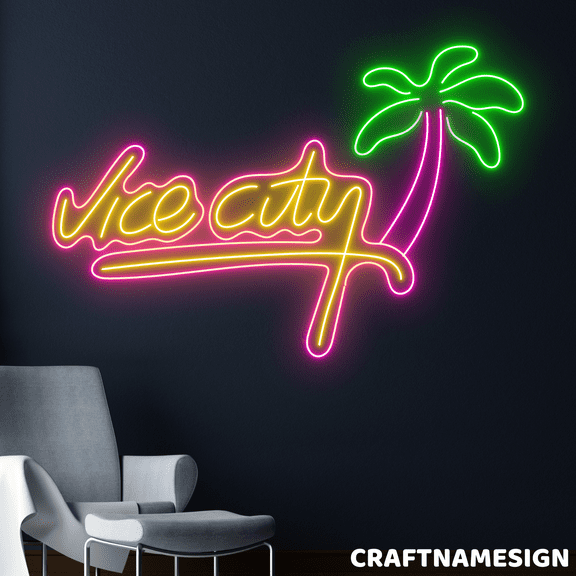 Craftnamesign Vice City Neon Sign, Hometown Wall Art, Homestay Wall Decor