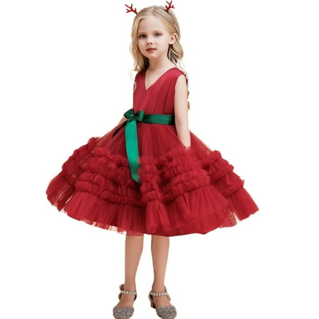 

Girls Xmas Princess Dress Christmas Party Sleeveless Bowknot Gown 2-7T