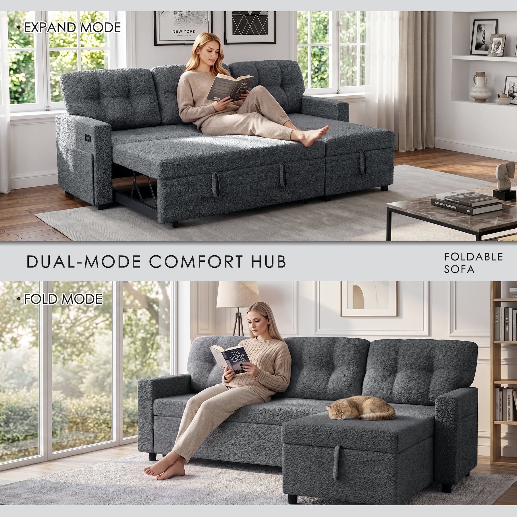 Xiweot Convertible Sleeper Sofa Bed, 82" L Shaped Sectional Couch with Pull Out Bed, Storage Chaise & Reversible Lounge, Teddy Fabric Compact Sectional Sofa for Living Room Apartment (Dark Grey)