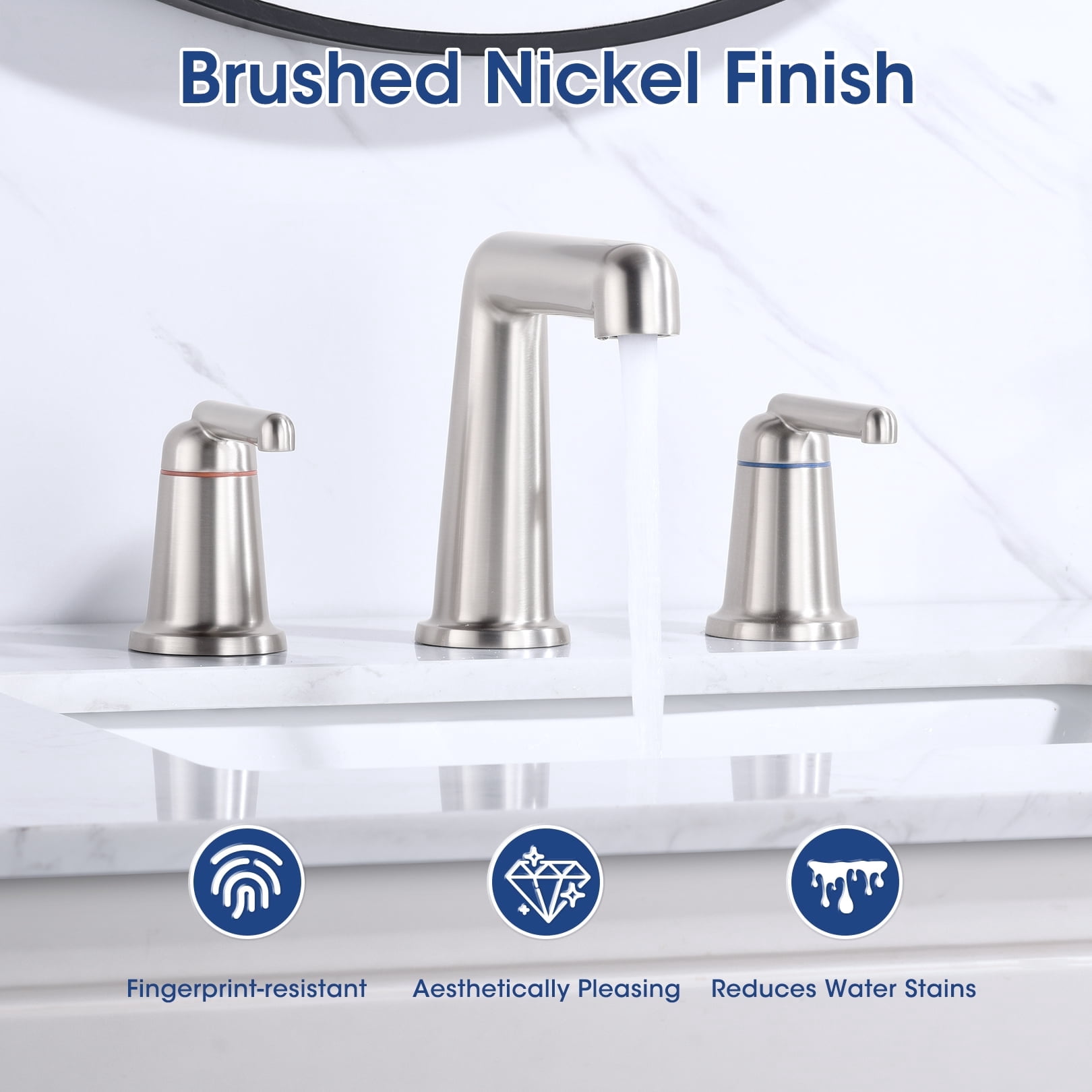 Wowkk 3 Hole Bathroom Faucet 2 Handle Widespread Bathroom Sink Faucet with Pop up Drain and Supply Lines, Brass Vanity Faucet for Rv Farmhouse Lavatory Restroom Sink, Brushed Nickel