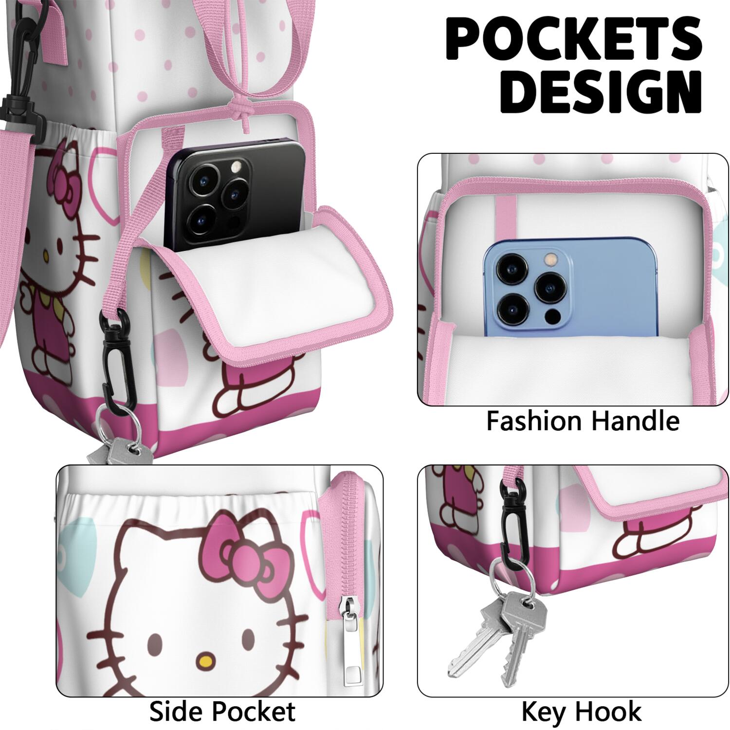 Insulated Water Bottle Carrier Bag Sleeve with Strap Crossbody for 20/24/32/40oz Tumbler,Hello Kawaii Cat Cute Water Bottle Holder Sling Bag with Pocket Gifts for Women Men Adults