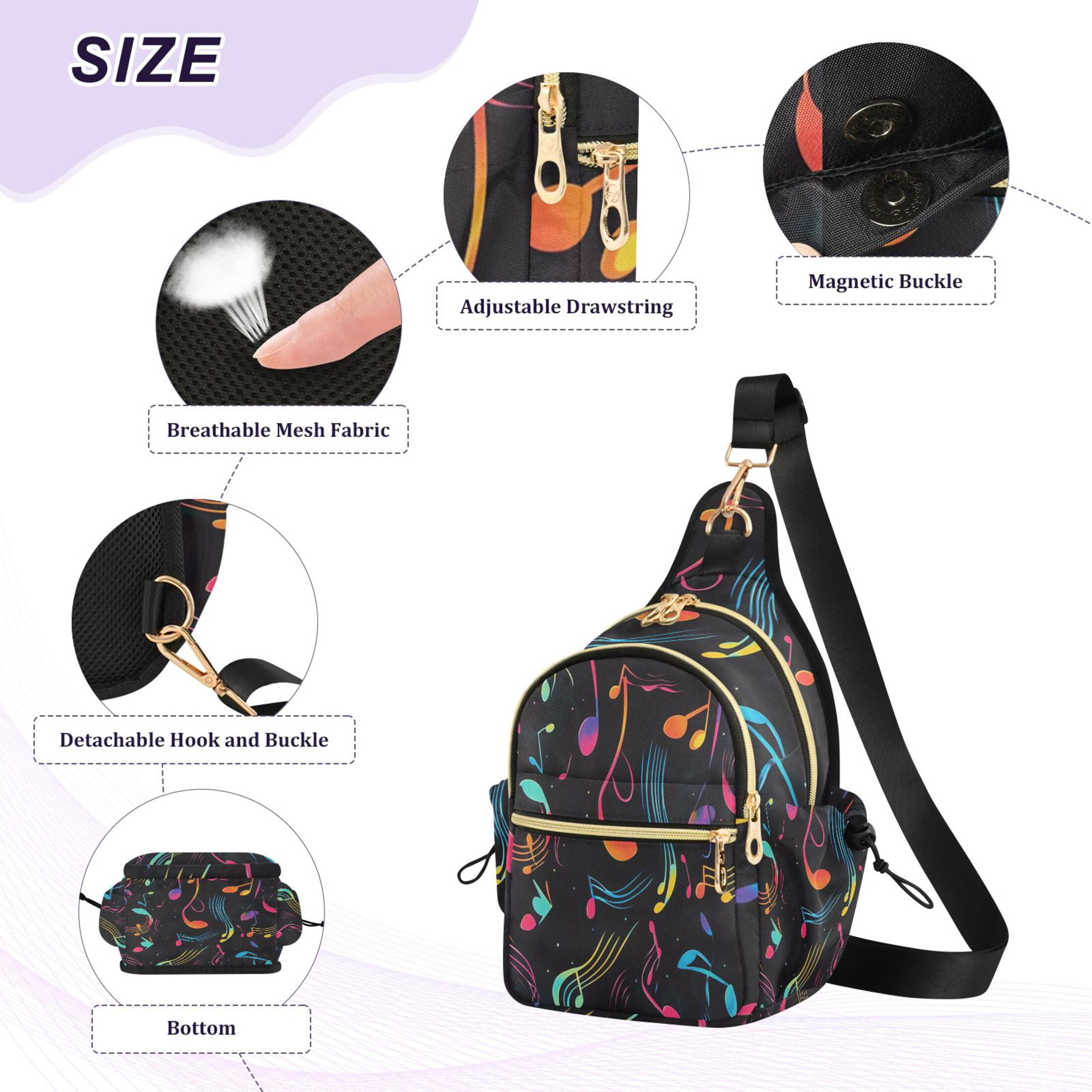 Crossbody Sling Bag for Women Shoulder Purse Trendy Daypack with Adjustable Strap Musical Notes and Waves Pattern