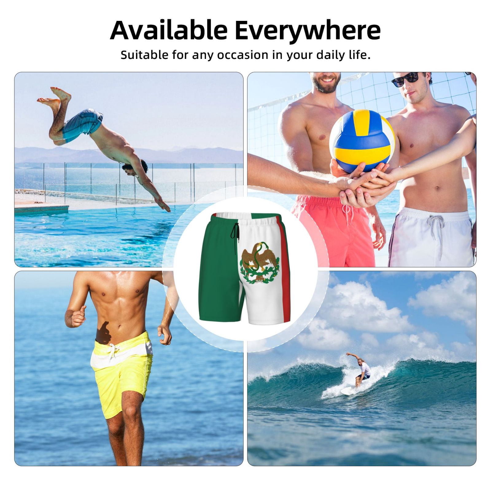 Men's Mexican Flag Swim Trunks with Compression Liner Bathing Suit Swimwear