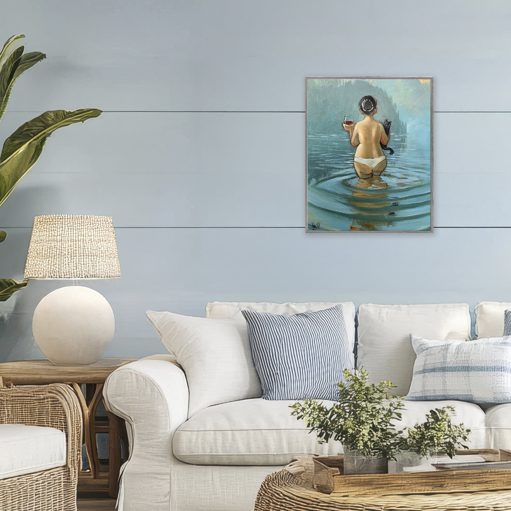 Stupell Industries Cat & Wine Dip At Twilight Gray Framed Giclee Art, design by Ronald West