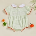 thumbnail image 6 of LIIPEE Girls Onesie Halloween Cartoon Pumpkin Embroidery Puff Sleeve Peter Pan Collar Striped Bodysuit Handsome School One-Pieces,Green,0-3 Months, 6 of 6