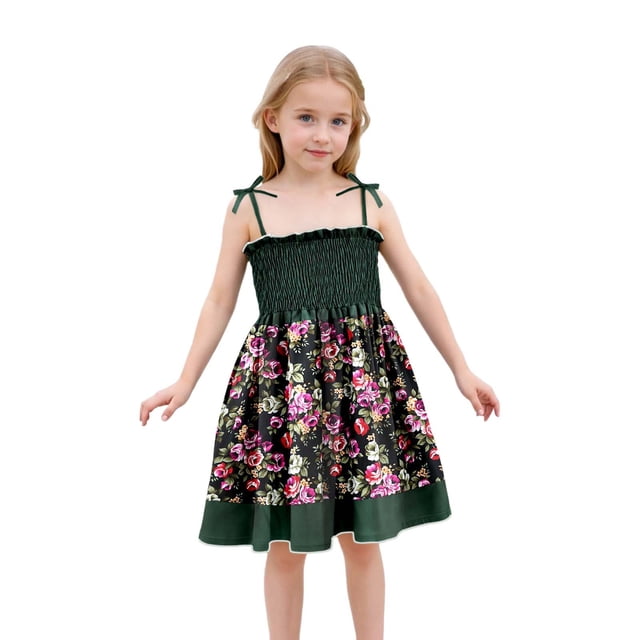 Robe d'Été de Princesse pour Petite Fille, Robe Trapèze à Volants, Robe Évasée pour Fille, Bretelles Spaghetti, Robes Smockées à Fleurs pour Filles, Robe de Princesse