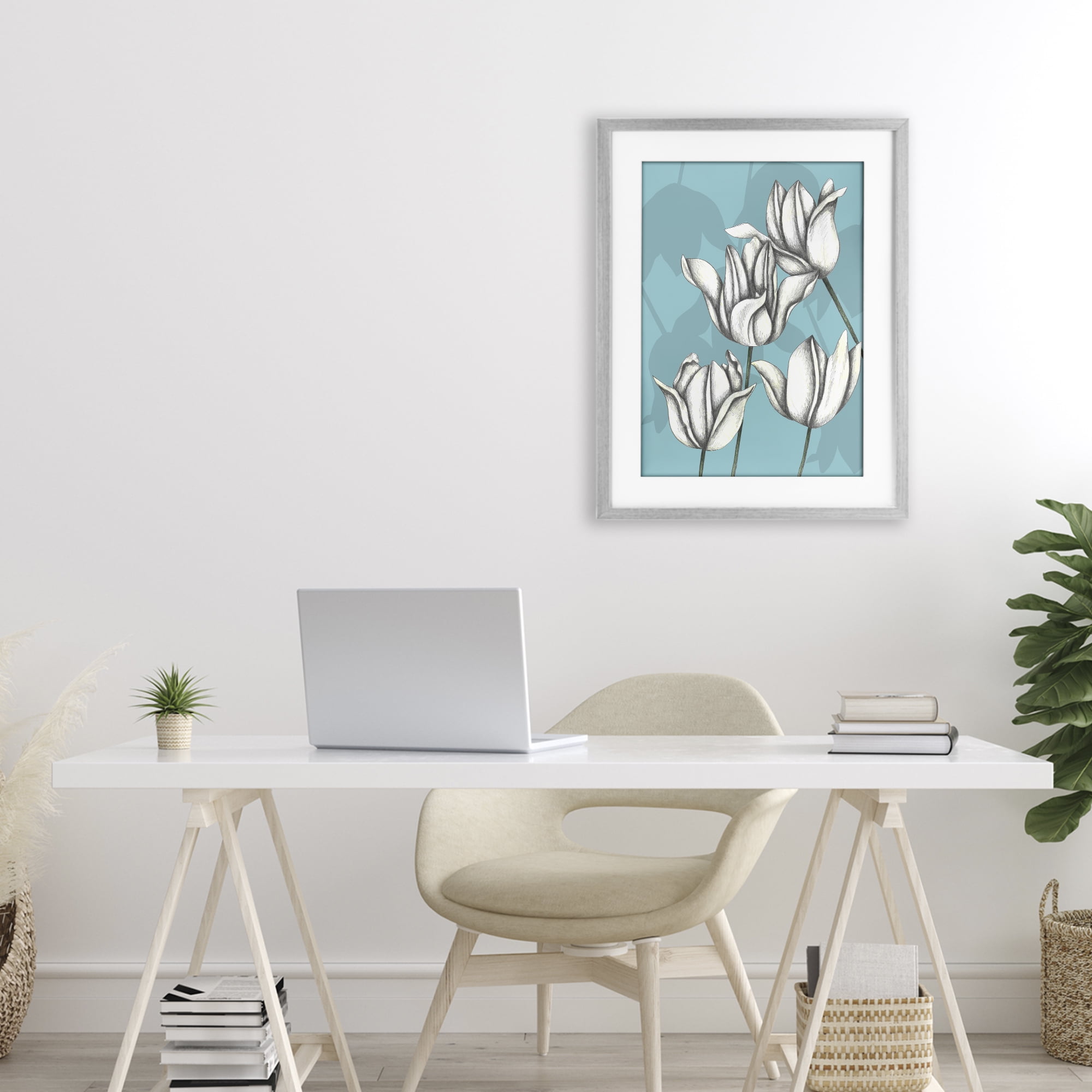 Sketched Tulips Keep Growing Gray Framed Print Under Glass, design by Cecilia Battaini