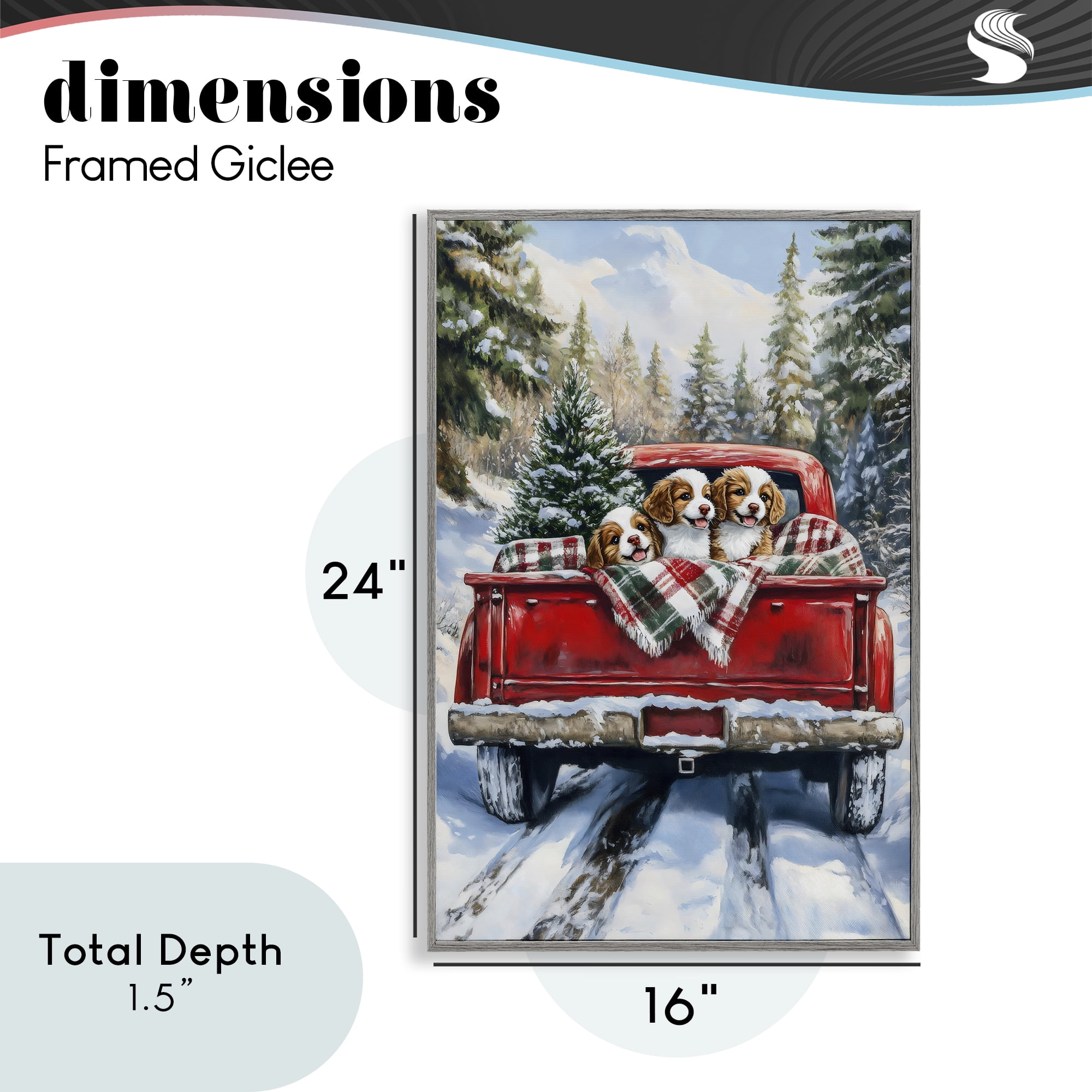 Christmas Truck Pups Trio Gray Framed Giclee Art, design by Petal Prints Design