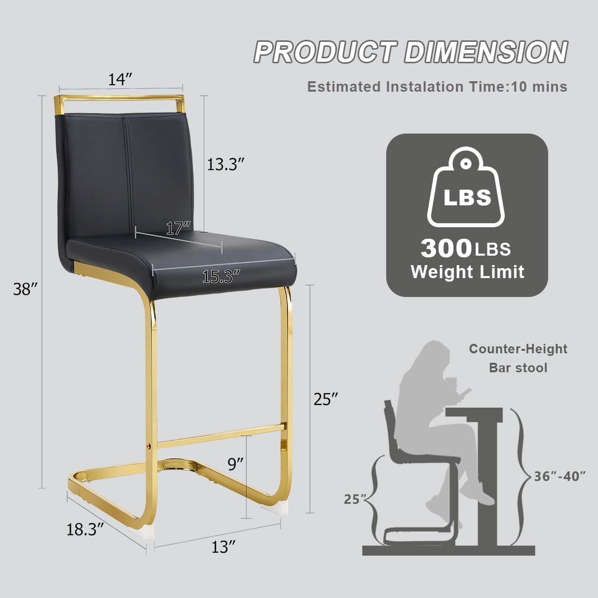 Lecut Modern Counter Height Bar Stools Set of 2, Leather Upholstered Bar Stools with Back and Gold Metal Frame,Bar Stools for Kitchen Island,Pub,Bar,Black