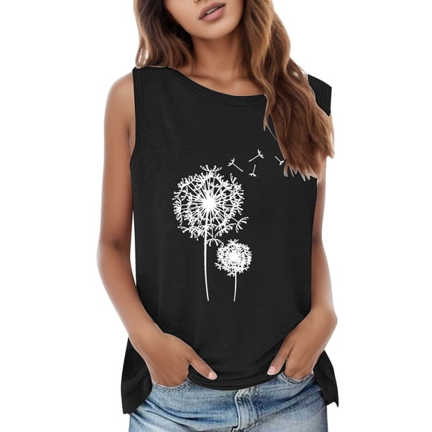 Gibobby Verano mujer sin mangas flor cuello redondo camiseta sin mangas Casual chaleco Top camisa blusa(Negro,M)