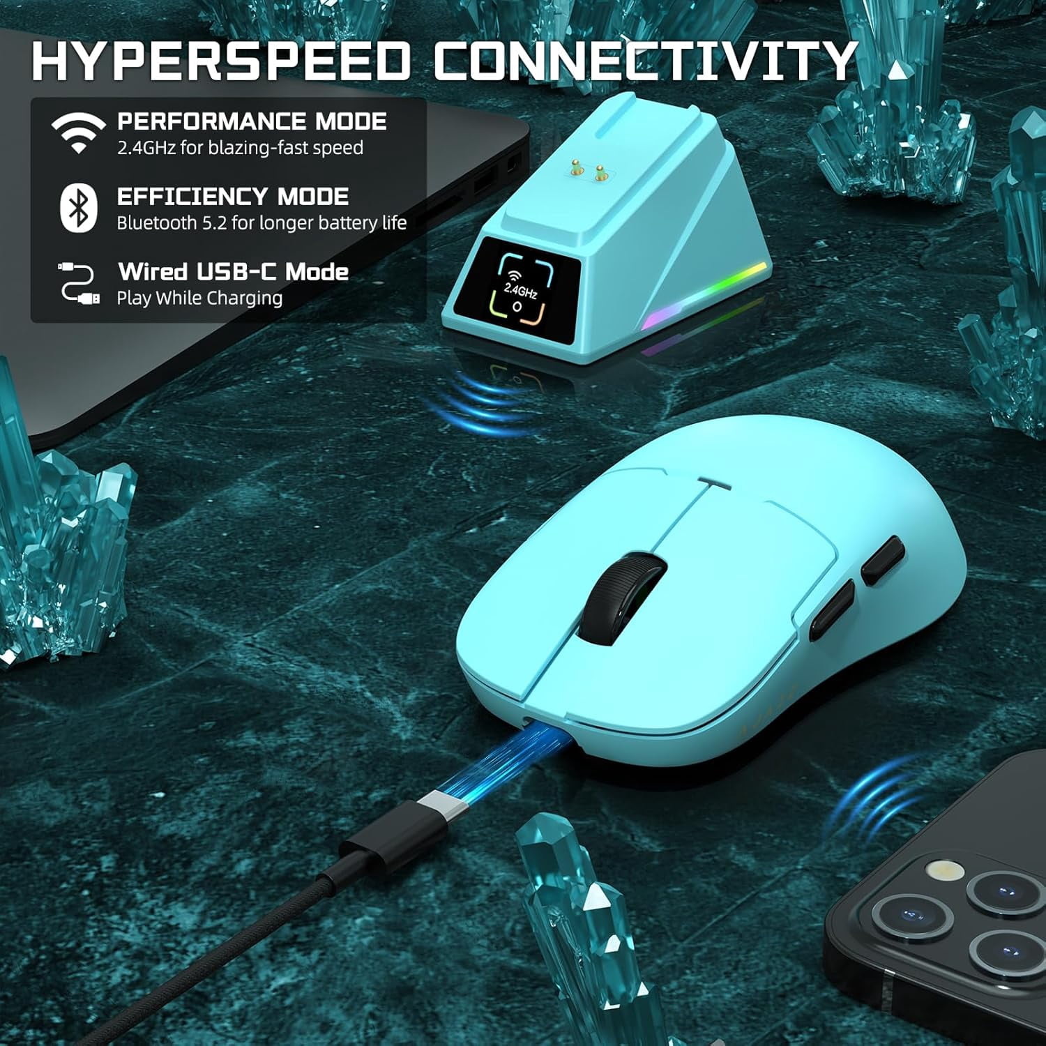 ATTACK SHARK x AJAZZ AJ159 APEX PAW3950 Triple Mode Gaming Mouse 8K with Magnetic Charging Dock with Color Display Bluetooth/2.4G Wireless/Wired-Blue