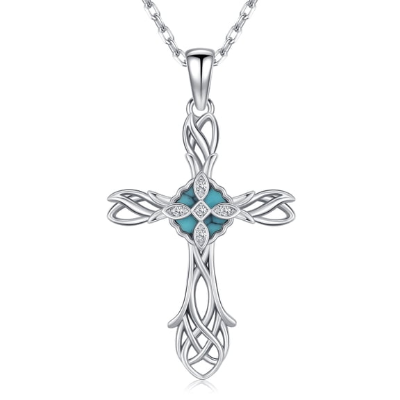 Coachuhhar Cross Necklace 925 Sterling Silver Turquoise Celtic Knot Pendant Celtic Religious Jewelry Irish Gifts for Women