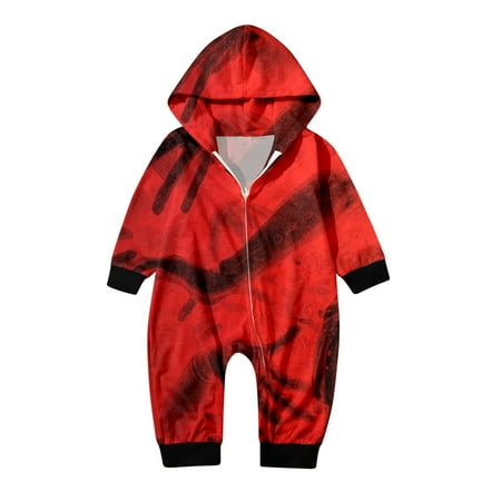 

TENSUNNYD Parent Child Red Printed Hooded Zipper Home Jumpsuit (Baby Style)