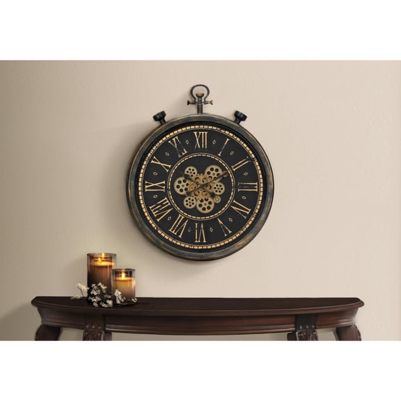 Clocks, 24" Round, Gear Mechanism, Wall Clock, Brown, Transitional