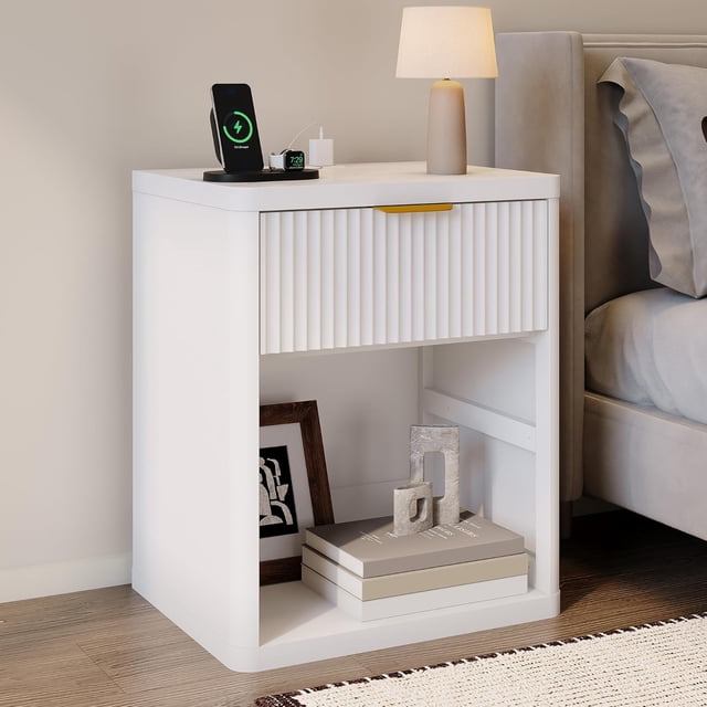Fluted Nightstand with Charging Station, Bedside Table with Drawers and Open Storage Space, Metal Handles and Rounded Corners for Safety, Side Tables, End Table Bedroom