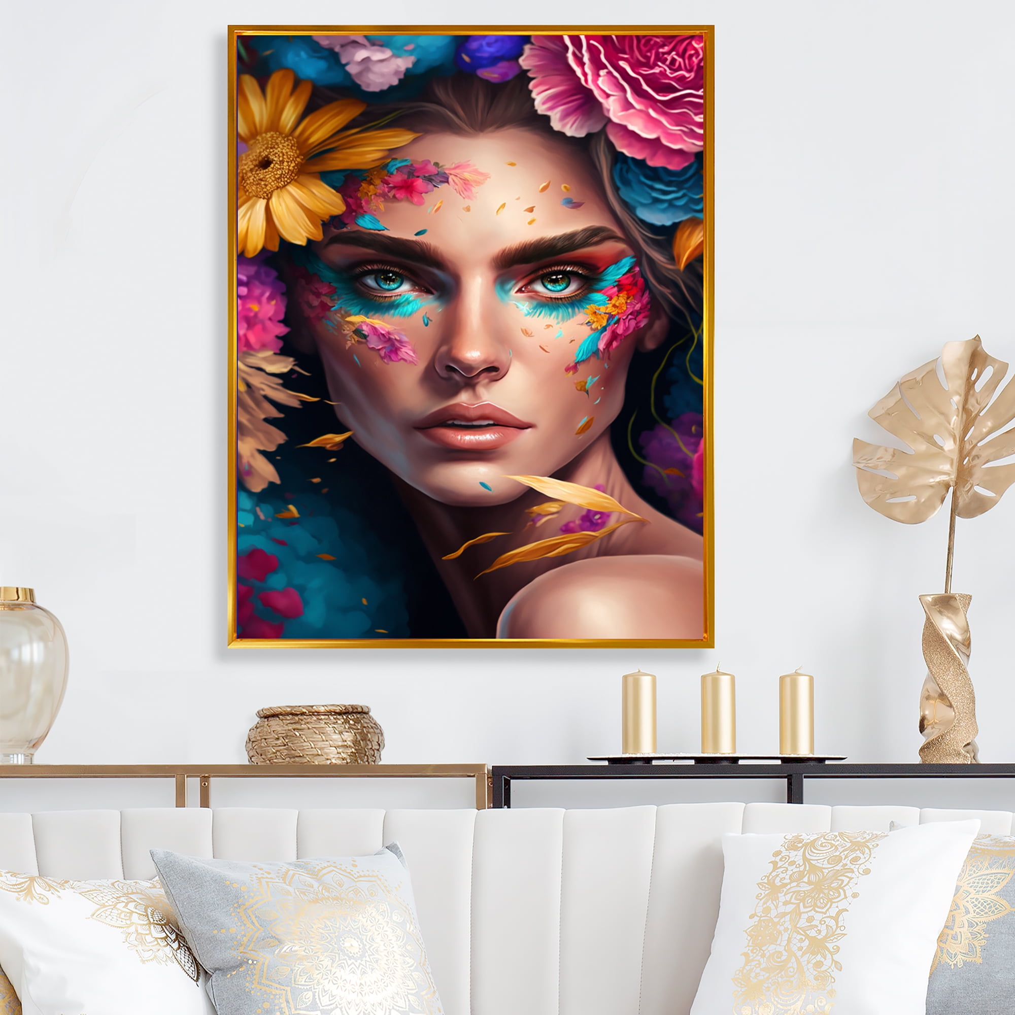 Designart Floral Sensual Woman Portrait III Floating Frame Wall Art
